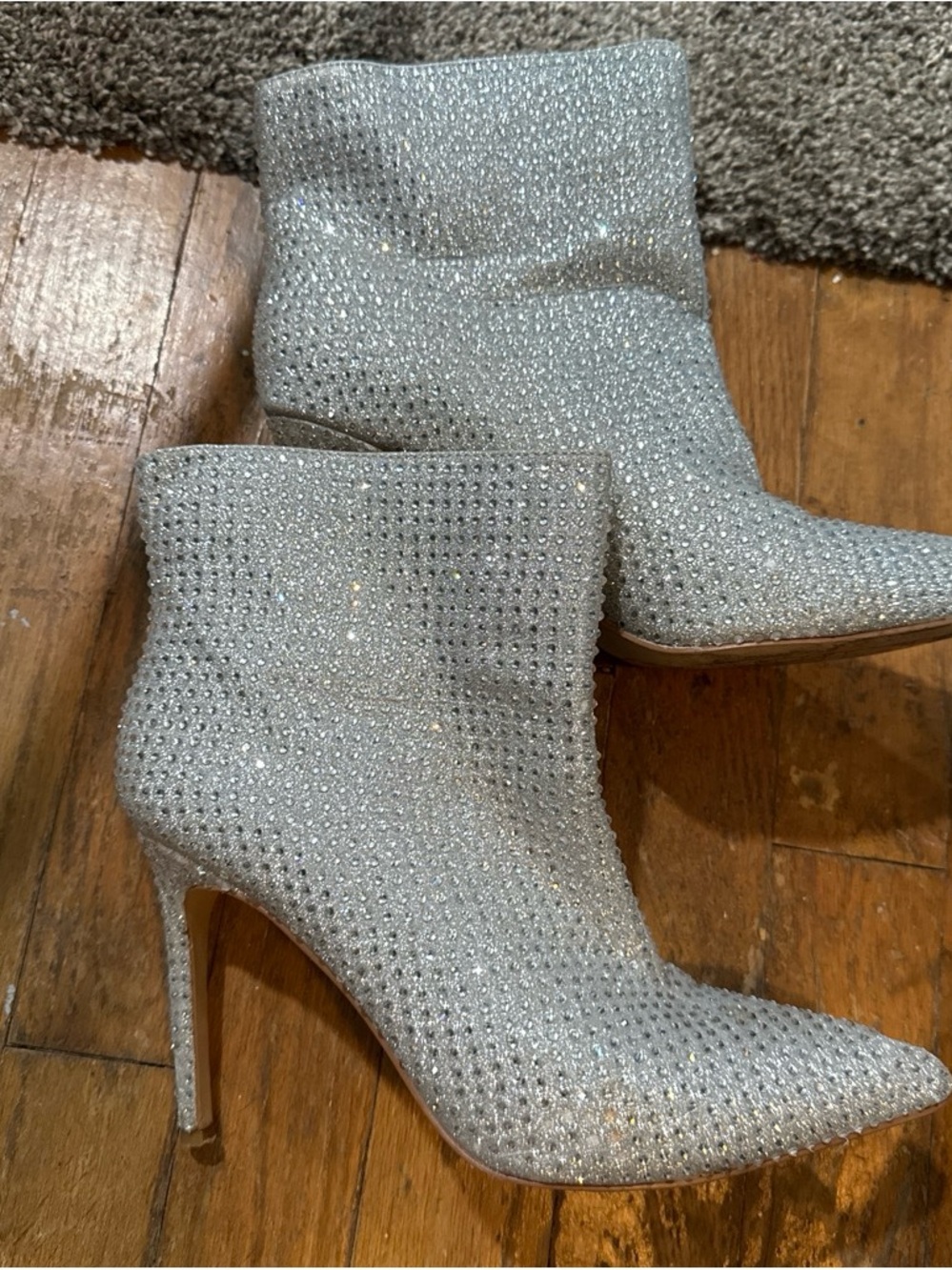 Women's Silver Rhinestone Pointed-Toe Stiletto Ankle Boots